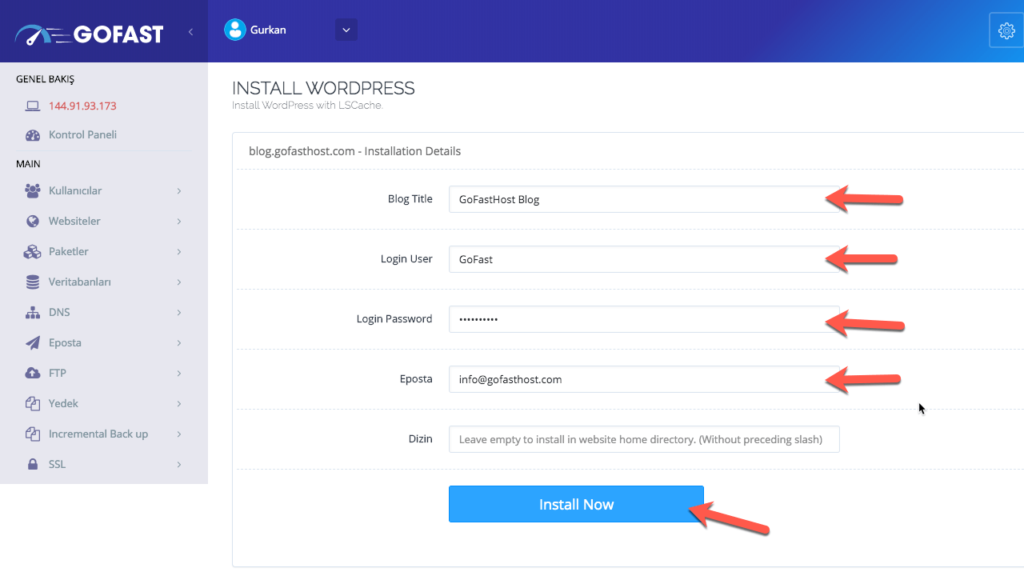 GoFast Panel WordPress Yukleme Detaylari
