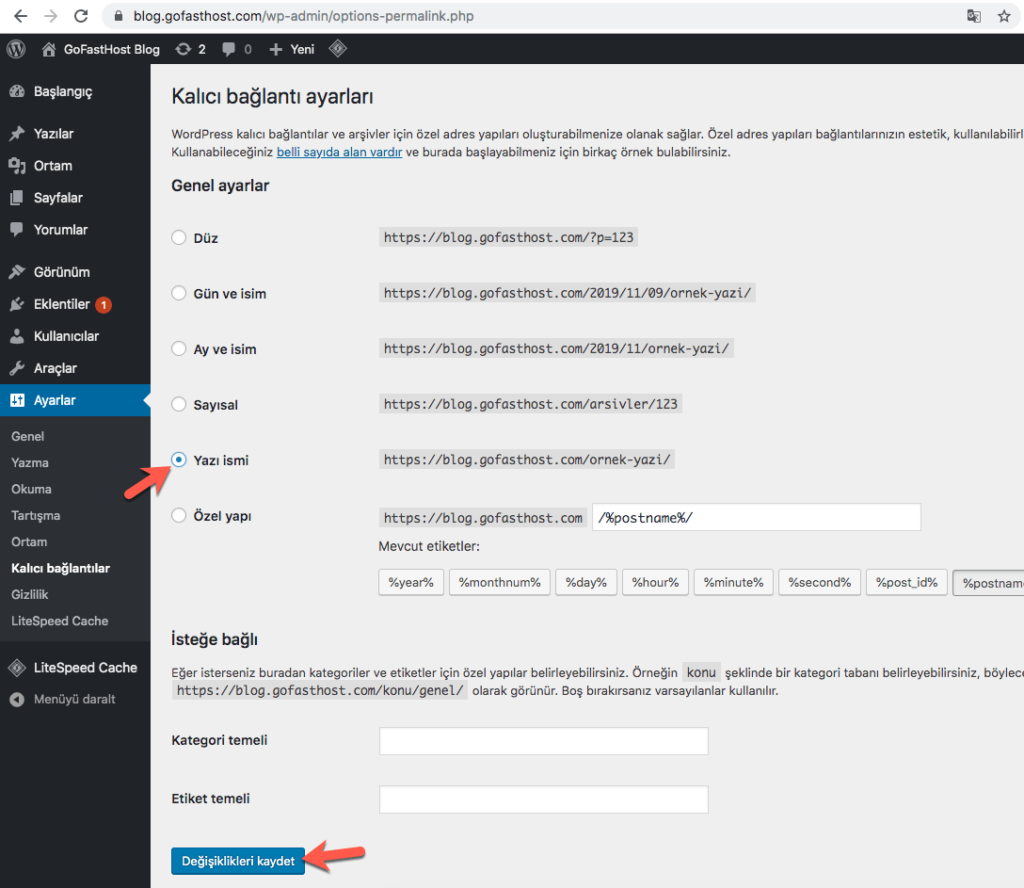 Wordpress Permalinkler Sayfası Düzenleme Sonrası